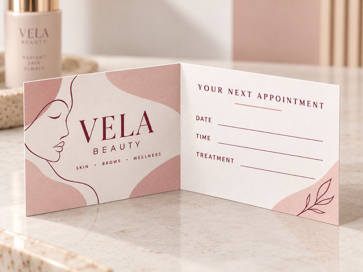 Folded business card open showing an appointment layout
