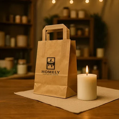 Brown kraft flat handle paper bag printed with a candle shop logo