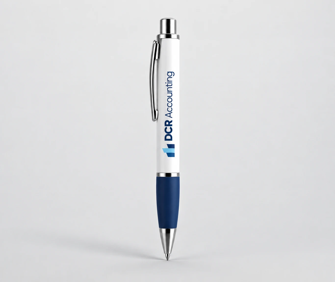 White ballpoint pen with navy grip printed with a business logo