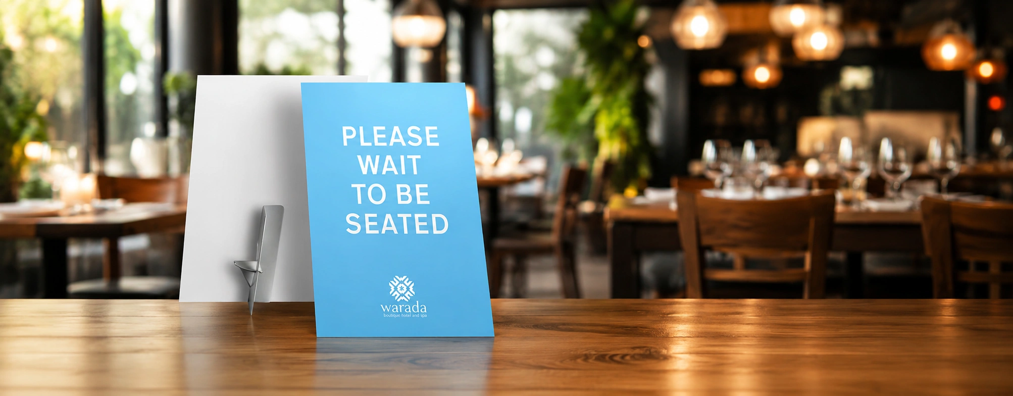 Blue “PLEASE WAIT TO BE SEATED” strut card displayed on a wooden restaurant table, positioned on the left side of the image. The card is supported by a silver strut on the reverse and features the Warada Boutique Hotel and Spa logo at the bottom. A softly