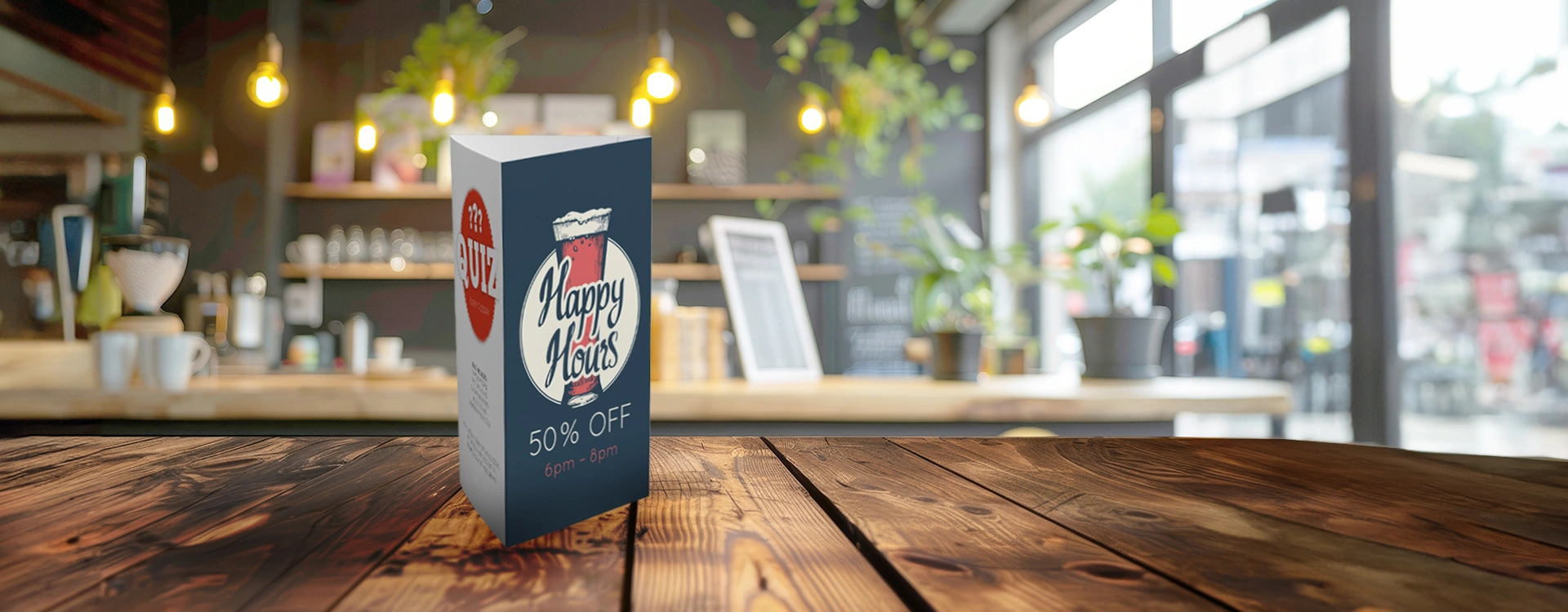 Freestanding DL table talker displaying a “Happy Hours” promotion with 50% off from 6pm–8pm, positioned on a wooden tabletop in a modern café or restaurant setting. The table talker features a triangular self-supporting design with printed graphics on mul