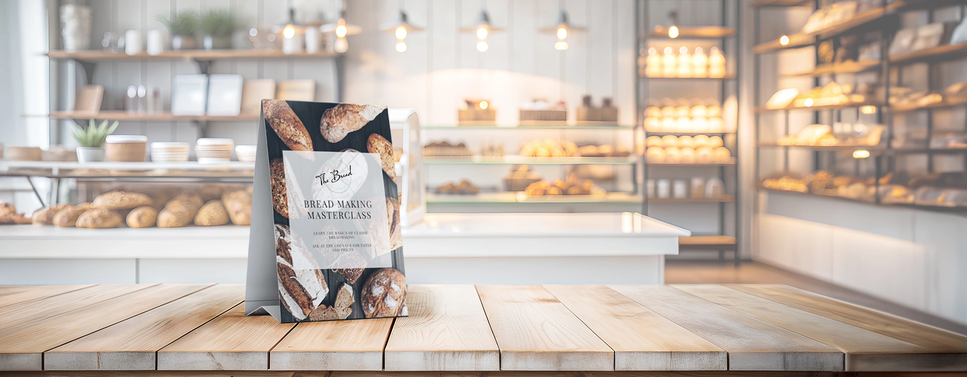 A6 tent card displayed on a light wooden table inside a bright artisan bakery. The folded tabletop display promotes a bread-making masterclass and features a full-colour bread-themed design. In the softly blurred background, bakery shelves are filled with
