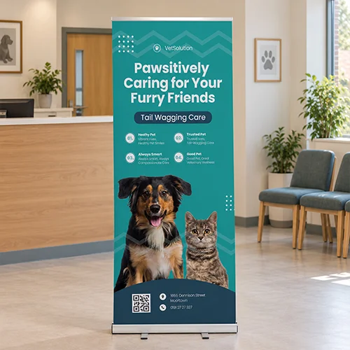 800mm standard roller banner with turquoise veterinary branding and a dog and cat photograph, displayed in a vet reception area.