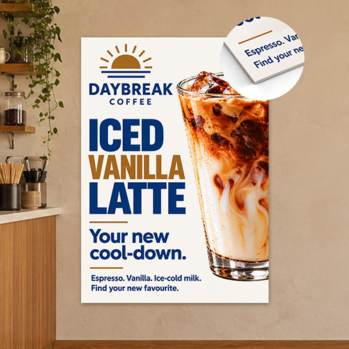 Iced vanilla latte promotional cardboard sign for Daybreak Coffee, displayed on a café wall with a close-up showing the printed cardboard edge.