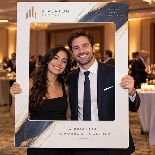 Two guests holding a white, navy and gold Riverton Capital selfie frame at a formal business dinner.