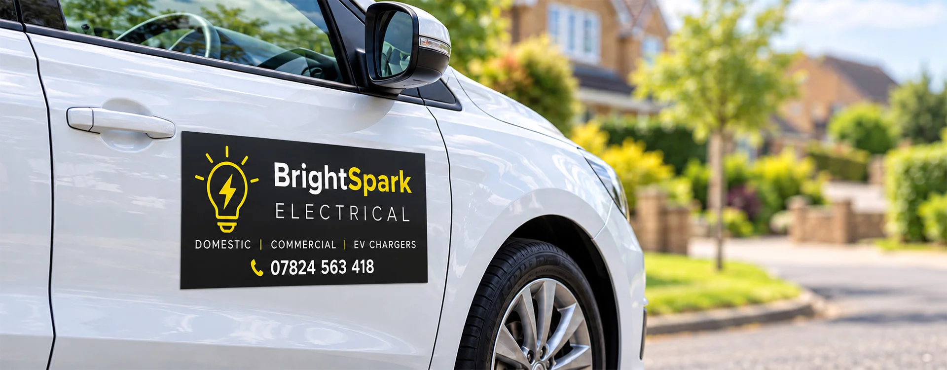  A3 black and yellow BrightSpark Electrical magnetic sign displayed on the front door of a white car.
