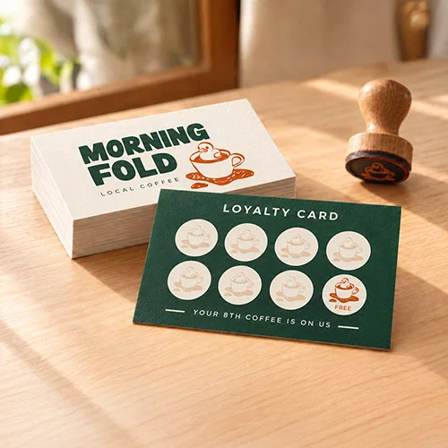Morning Fold café loyalty cards with straight corners, showing both sides beside a wooden stamp on a café counter.