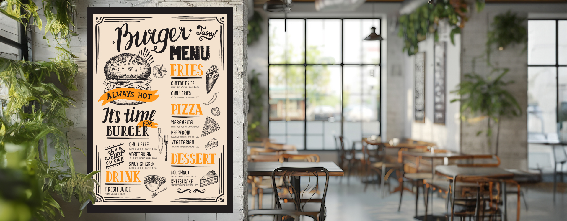Framed burger menu poster displayed inside a restaurant.
