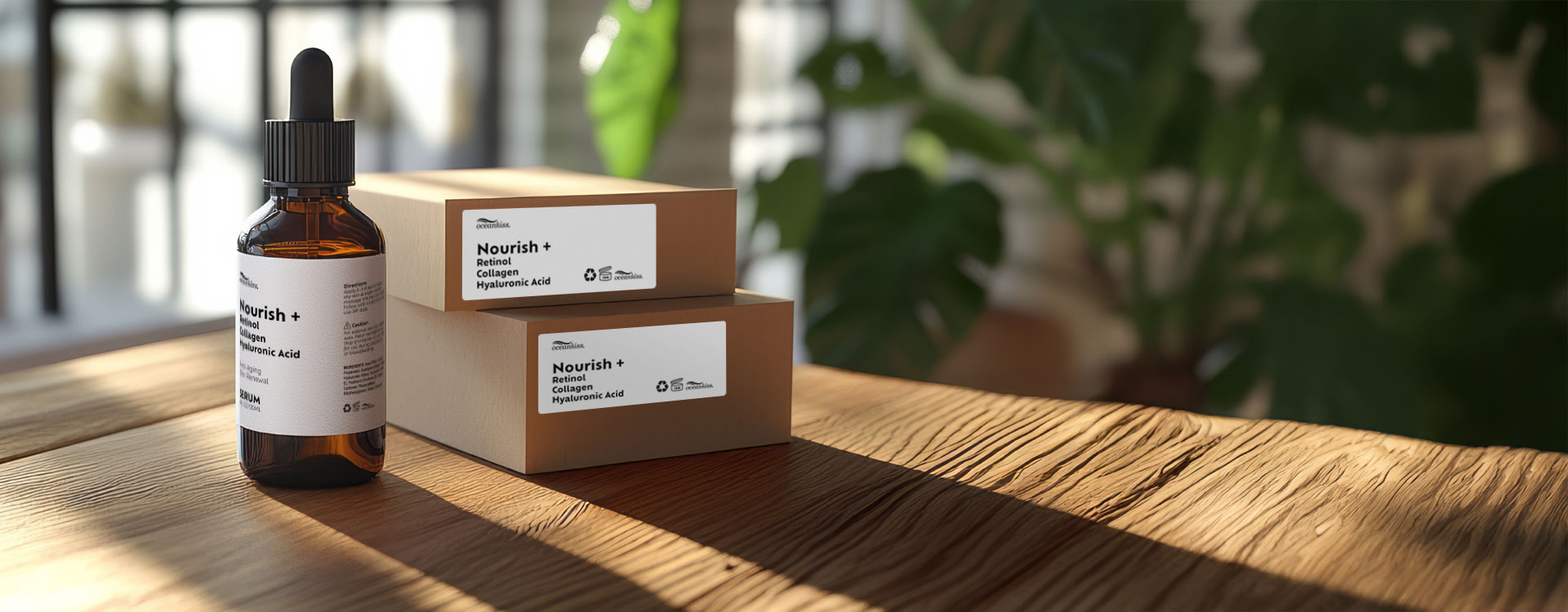 Stickers on a skin care packaging bottle on a wood table with green plant in the background